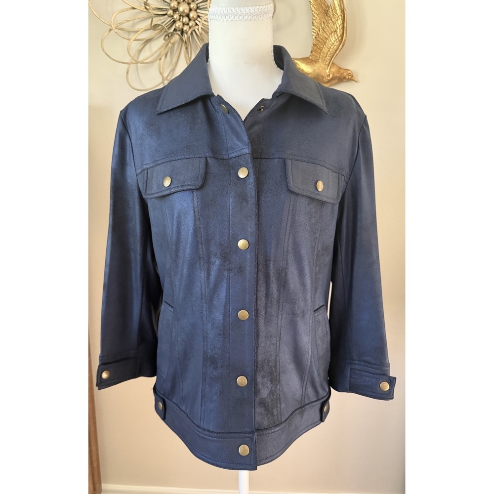 Mila & Milan Faux Suede Trucker Jacket Navy Blue Gold Snap Womens Medium